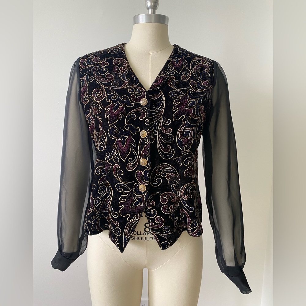 Vintage Black Long Sleeve Top with Gold and Burgundy Detailing